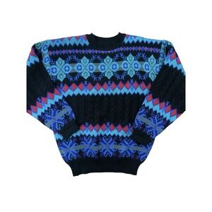 Vtg 80s Summit‎ Count Pullover Sweater Black Multicolor Fair Isle Ski Knit Sz M